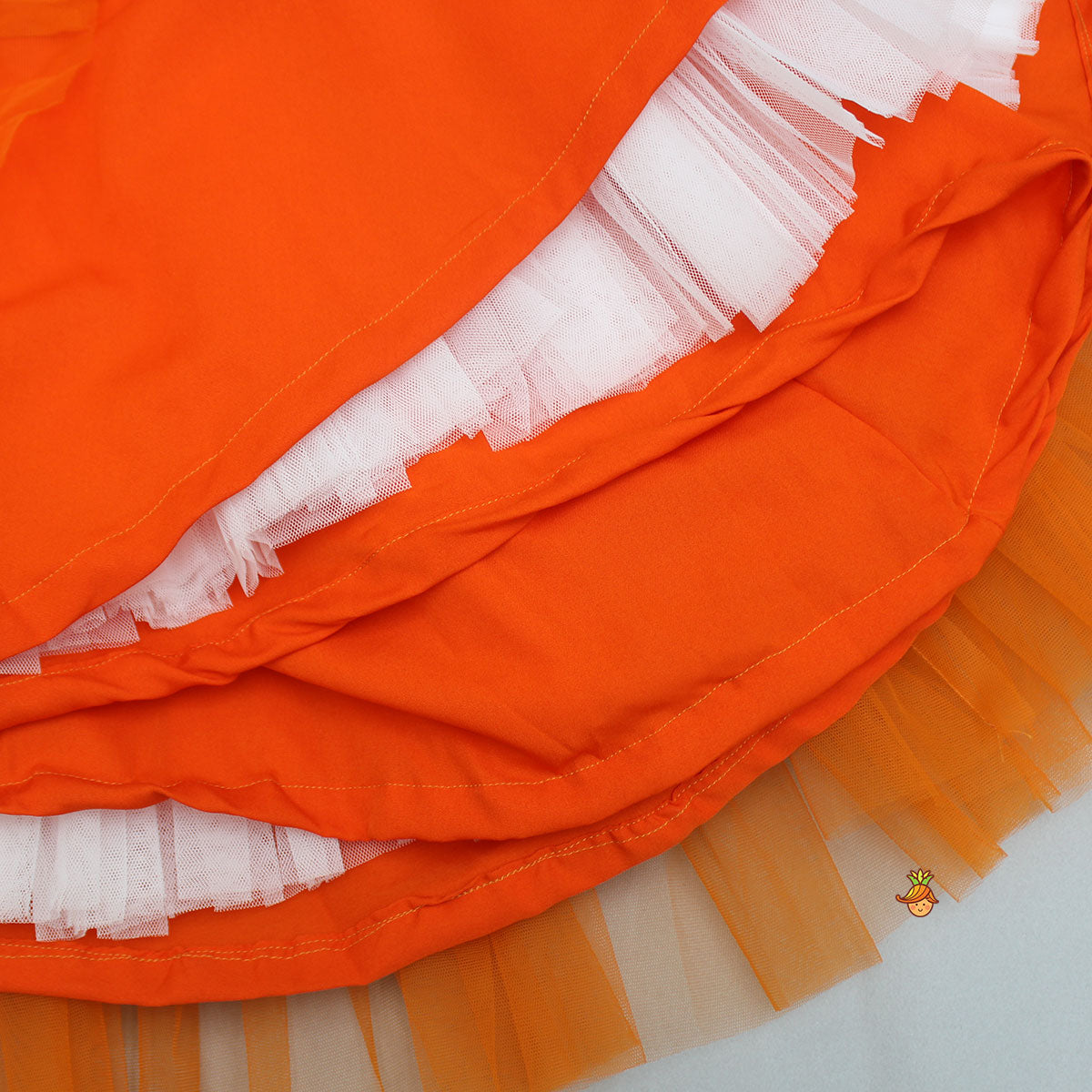 Pre Order: Front Open Embroidered Orange Top And Tiered Net Lehenga With Fringes Dupatta