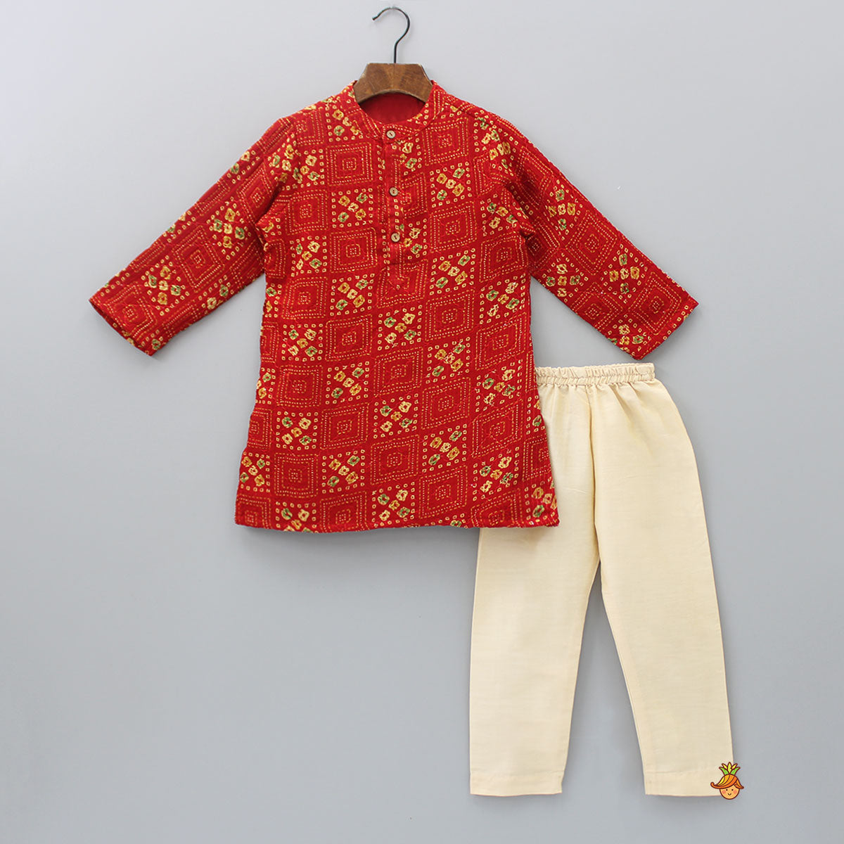 Red Bandhani Printed Kurta With Beige Pyjama