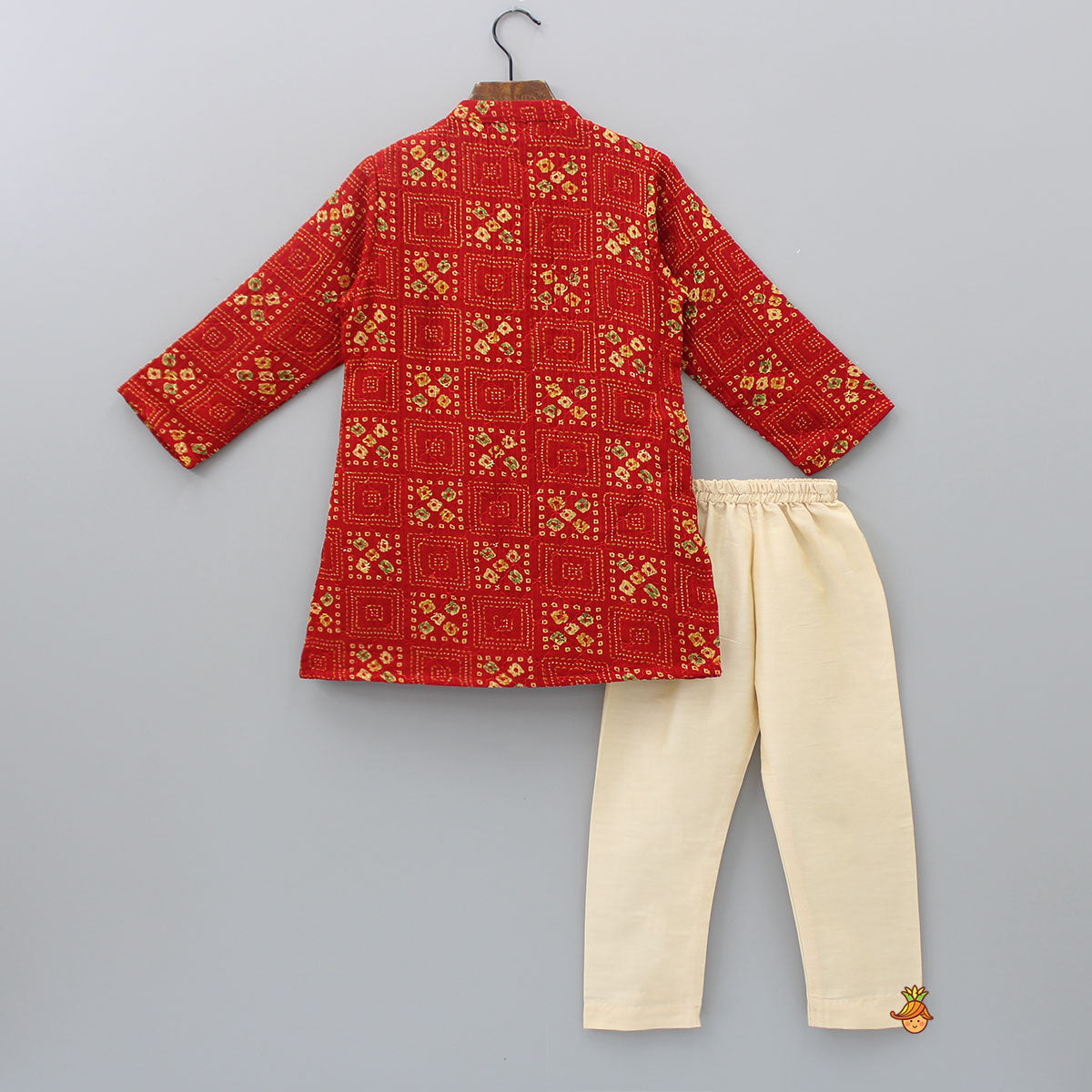 Red Bandhani Printed Kurta With Beige Pyjama