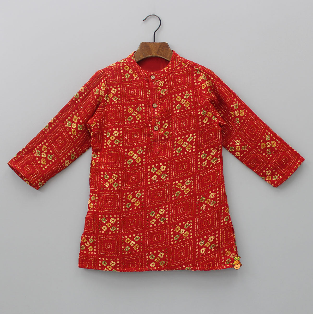 Red Bandhani Printed Kurta With Beige Pyjama