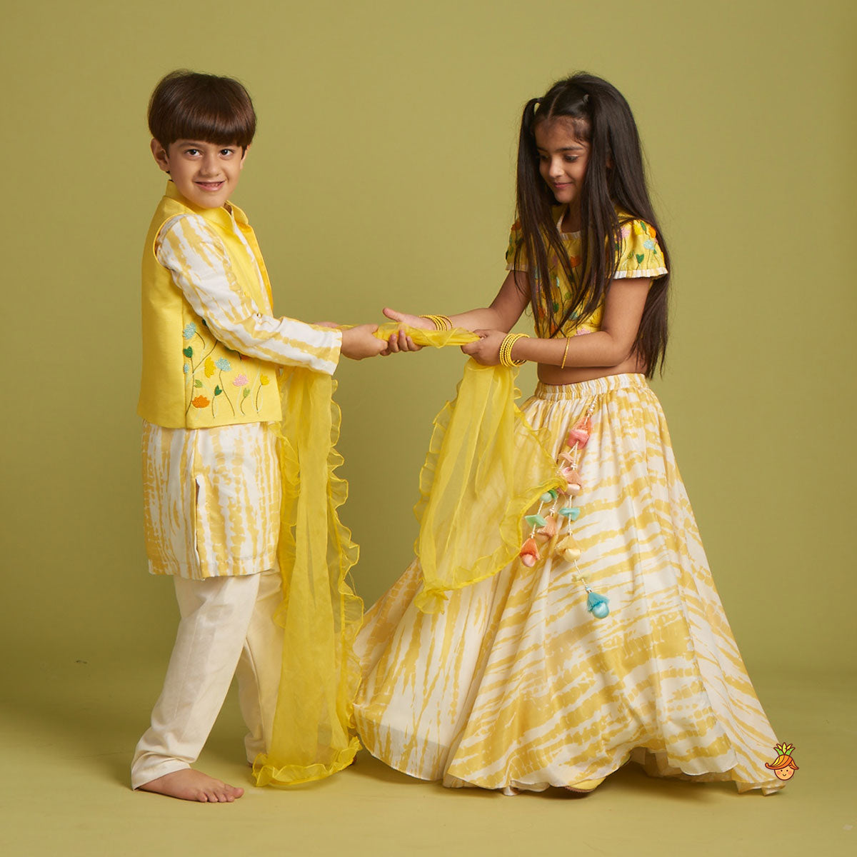 Shibori Printed Kurta With Beads Embroidered Yellow Open Jacket And Churidar twinning model image 1