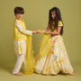 Shibori Printed Kurta With Beads Embroidered Yellow Open Jacket And Churidar twinning model image 1