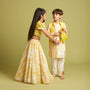 Shibori Printed Kurta With Beads Embroidered Yellow Open Jacket And Churidar twinning model image 2