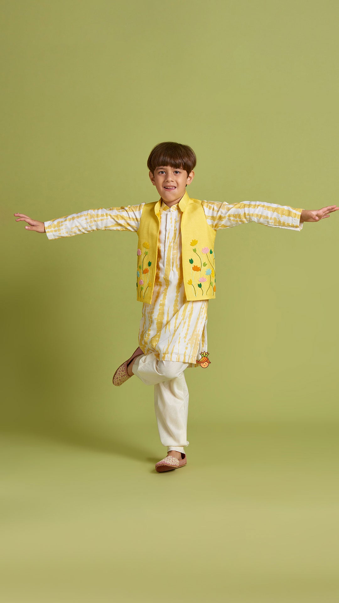 Pre Order: Shibori Printed Kurta With Beads Embroidered Yellow Open Jacket And Churidar