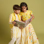 Shibori Printed Kurta With Beads Embroidered Yellow Open Jacket And Churidar twinning model image 3