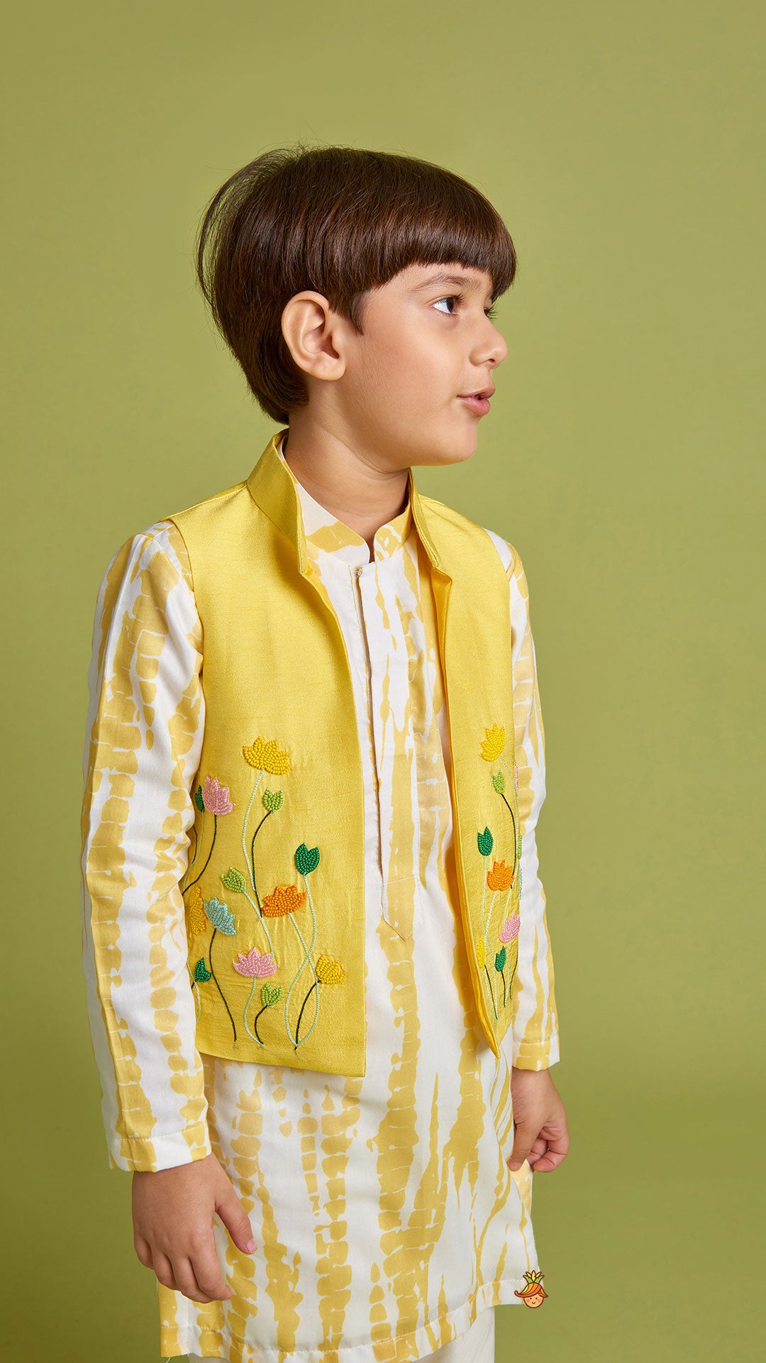 Pre Order: Shibori Printed Kurta With Beads Embroidered Yellow Open Jacket And Churidar