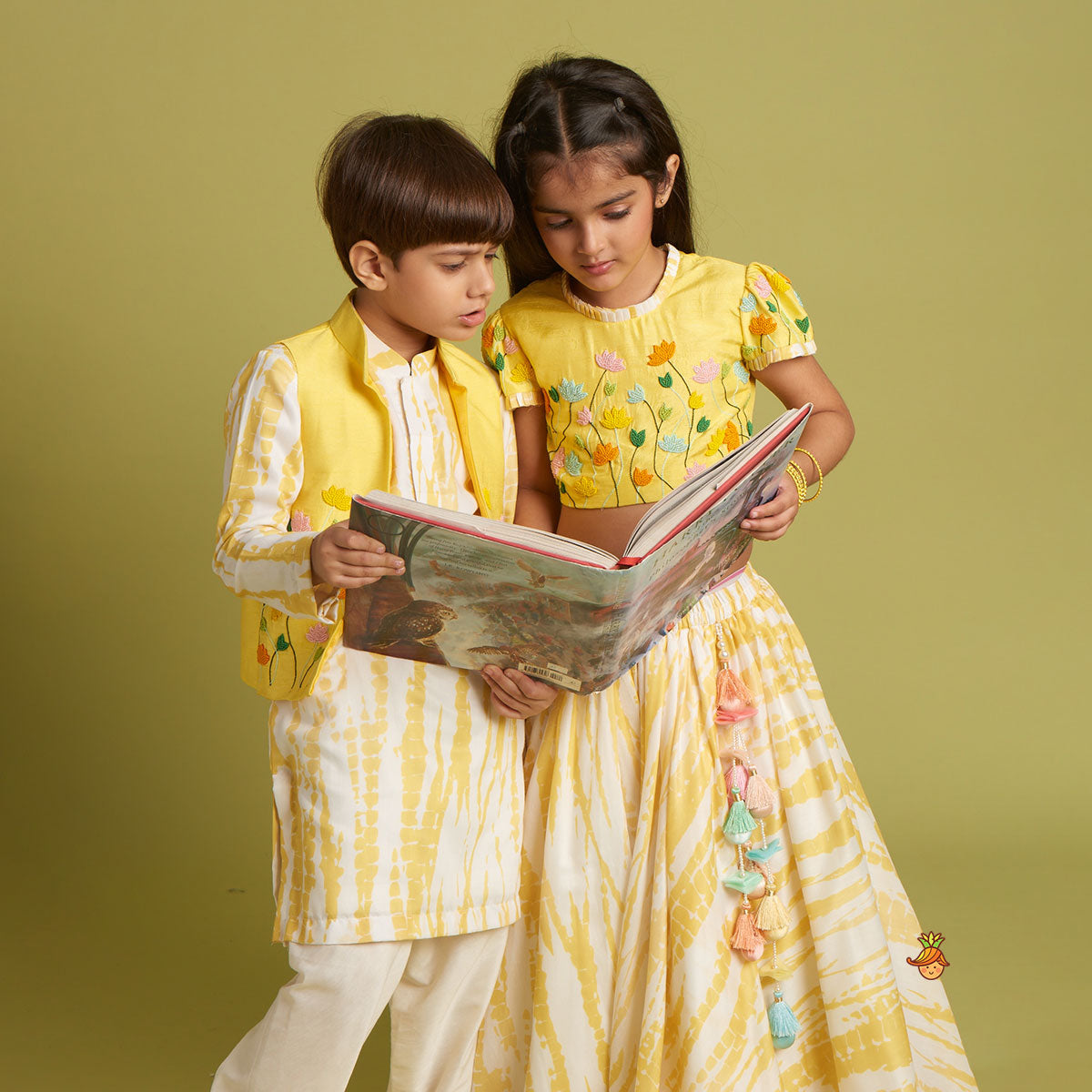 Beaded Yellow Top And Shibori Printed Lehenga With Ruffle Dupatta twinning model image 3