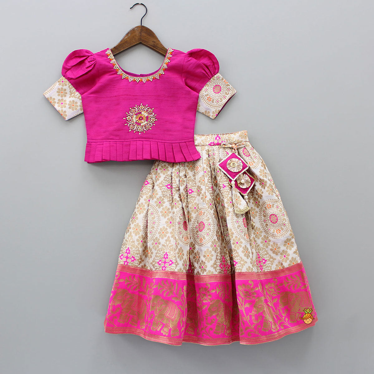Embroidered Top With Puff Sleeves And Pattu Style Lehenga