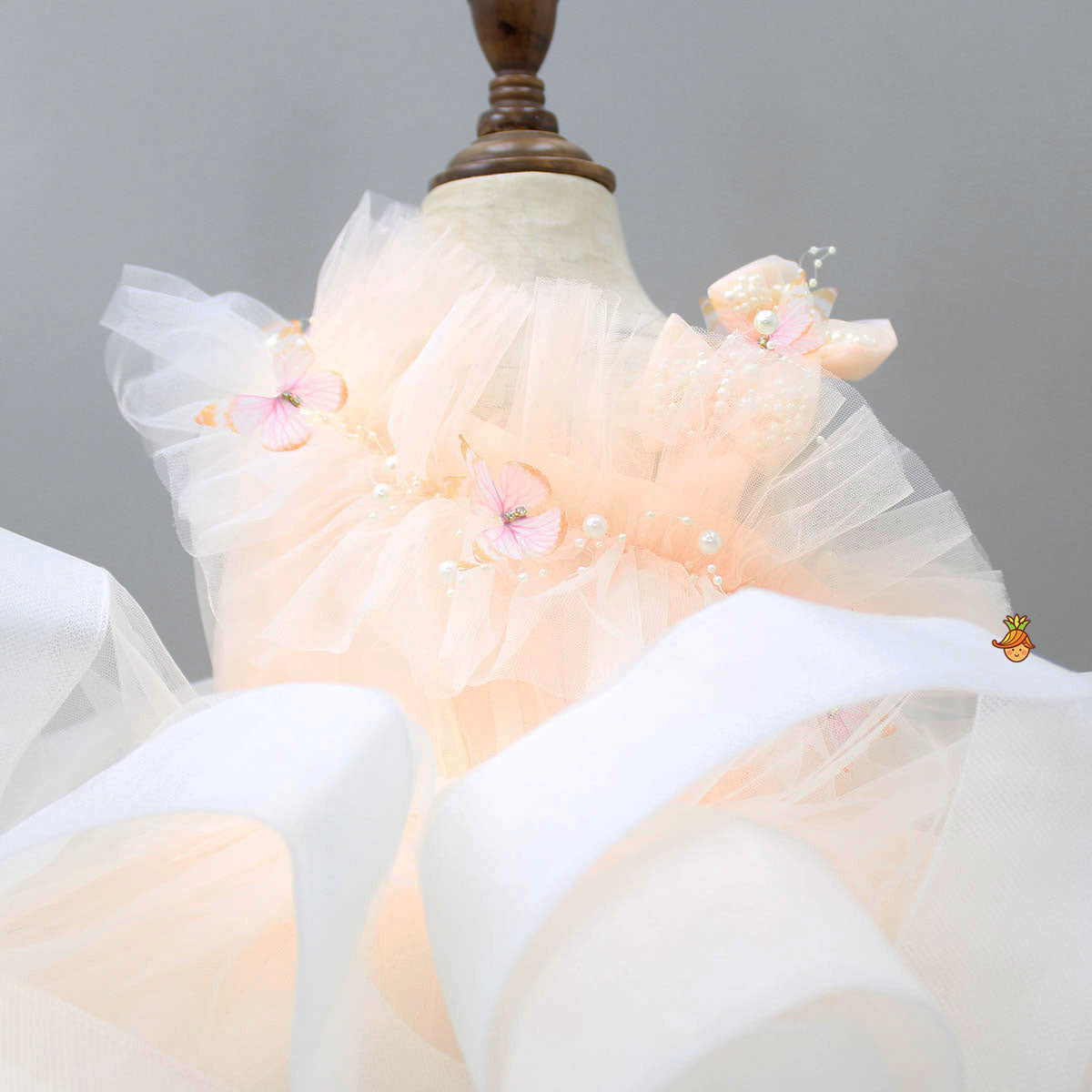 Pre Order: Butterfly And Pearl String Enhanced Ruffle Shaded Peach Dress