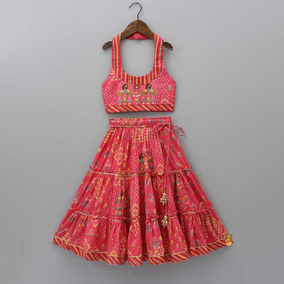 Pre Order: Cotton Halter Neck Red Digital Printed Top And Tiered Lehenga