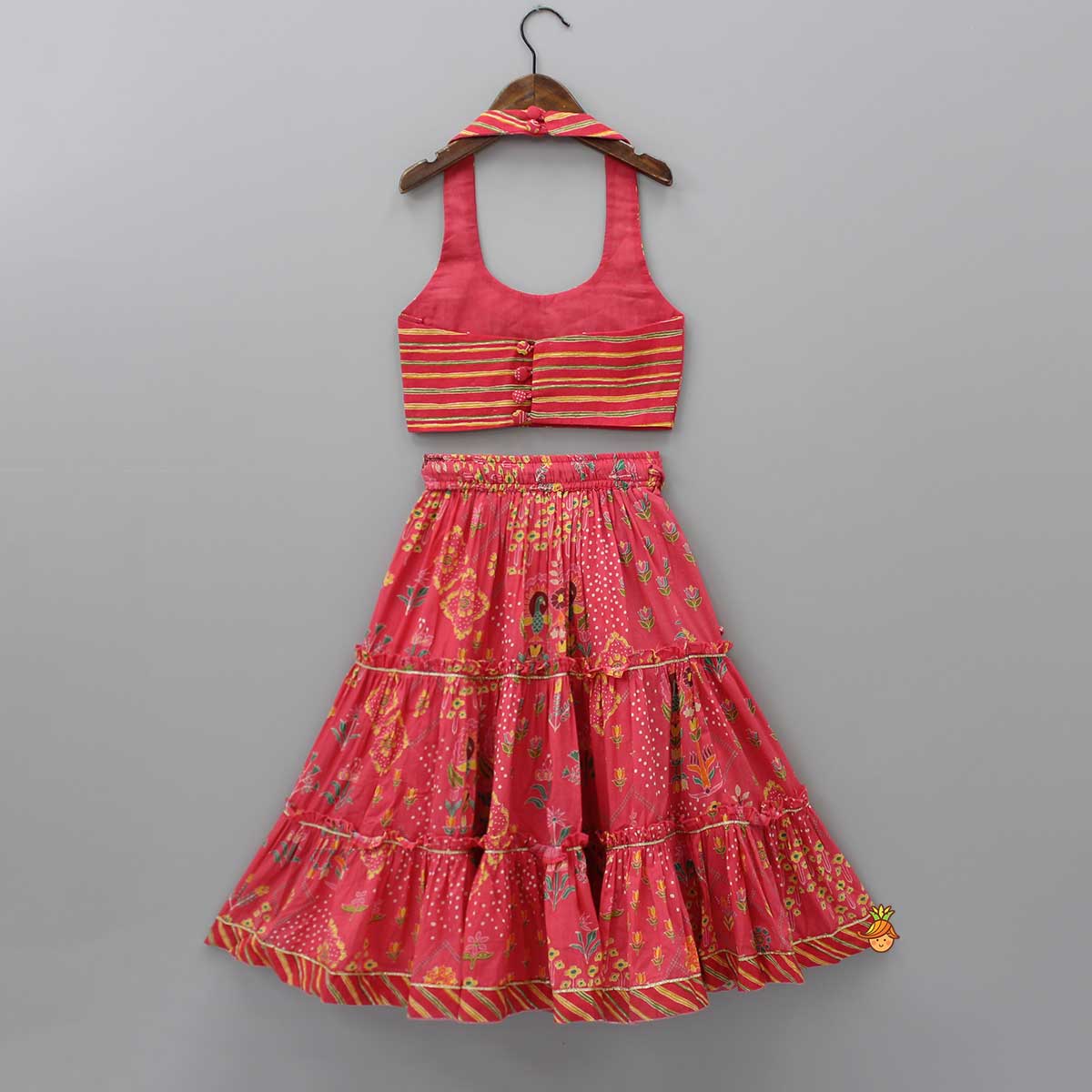 Pre Order: Cotton Halter Neck Red Digital Printed Top And Tiered Lehenga
