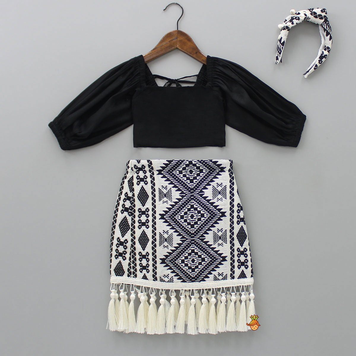 Pre Order: Smocked Back Stylish Sleeves Black Top And Fringes Skirt With Knot Detail Hair Band