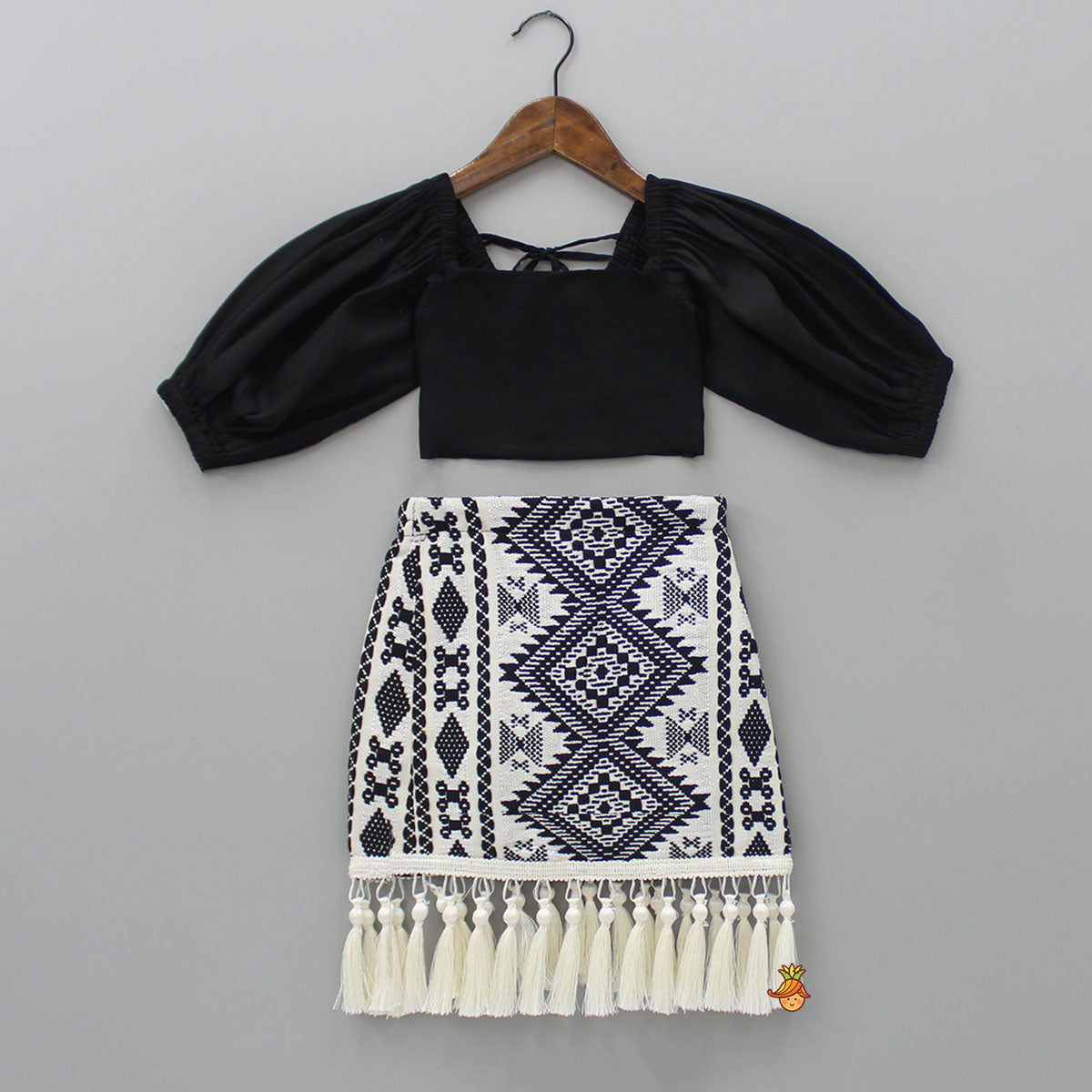 Pre Order: Smocked Back Stylish Sleeves Black Top And Fringes Skirt With Knot Detail Hair Band