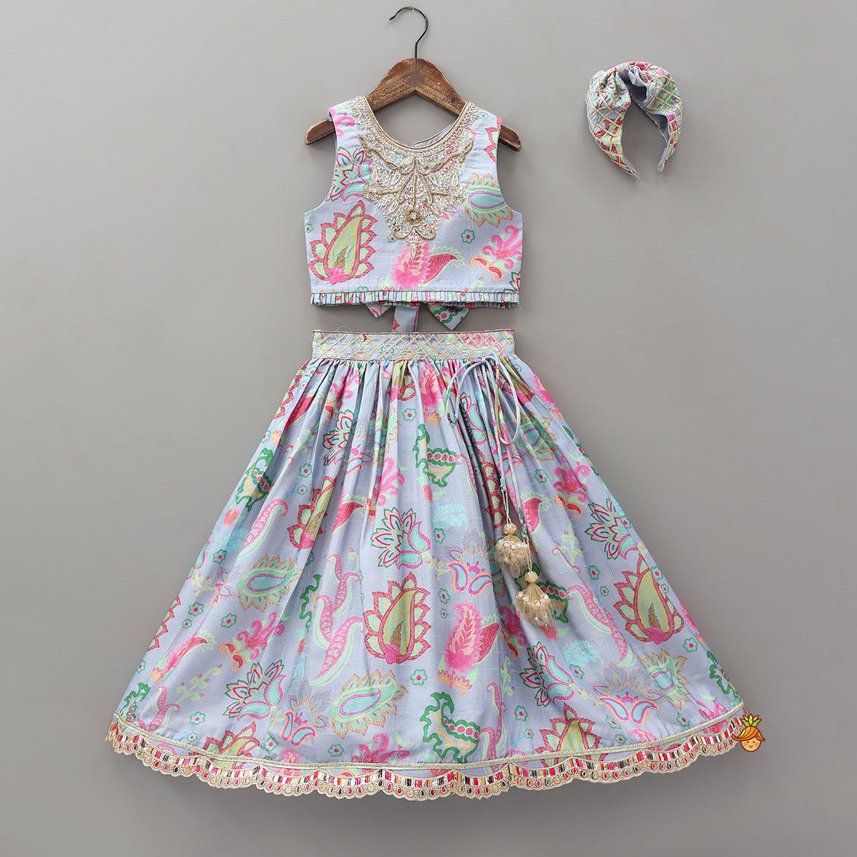 Pre Order: Zardozi Embroidered Pleated Hem Blue Top And Lehenga With Checks Hair Band