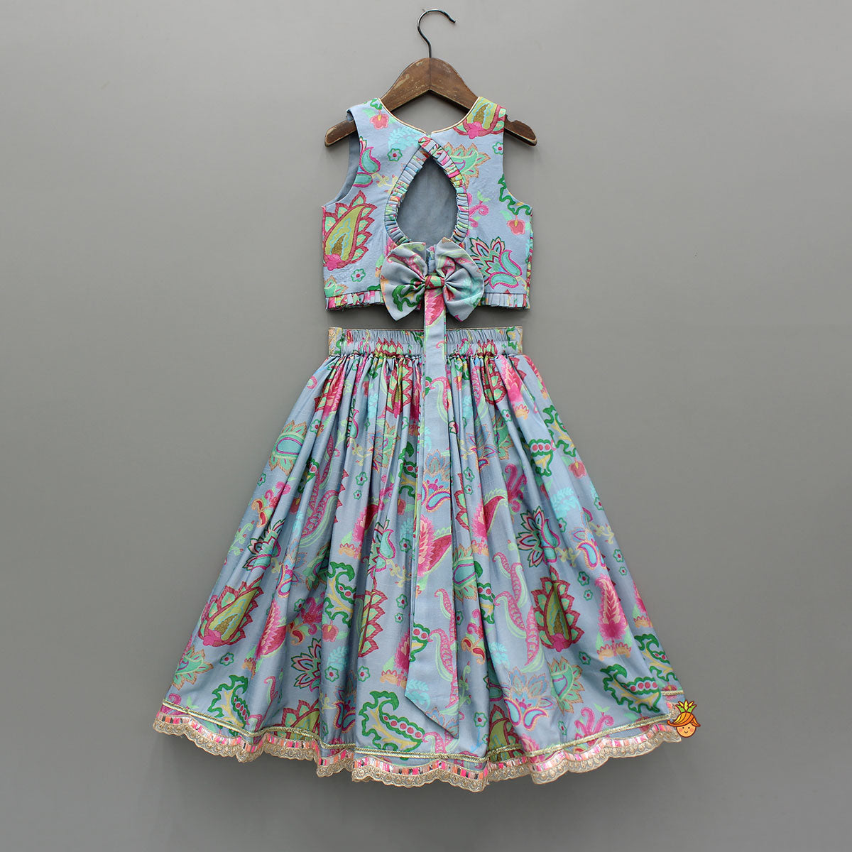 Pre Order: Zardozi Embroidered Pleated Hem Blue Top And Lehenga With Checks Hair Band