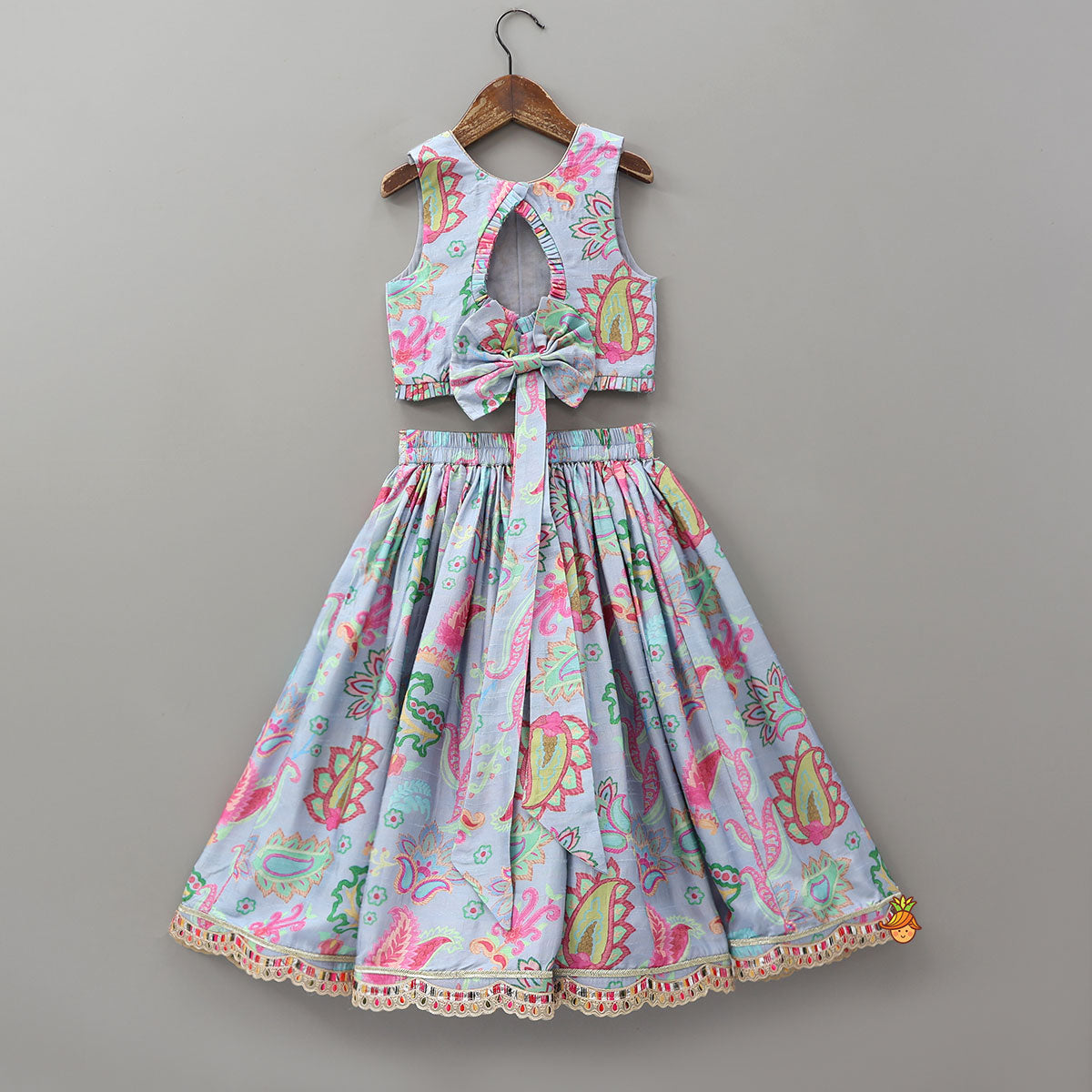 Pre Order: Zardozi Embroidered Pleated Hem Blue Top And Lehenga With Checks Hair Band