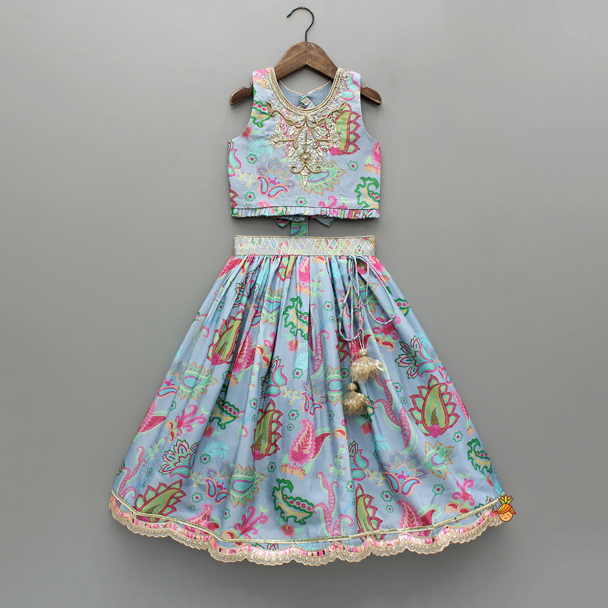 Pre Order: Zardozi Embroidered Pleated Hem Blue Top And Lehenga With Checks Hair Band