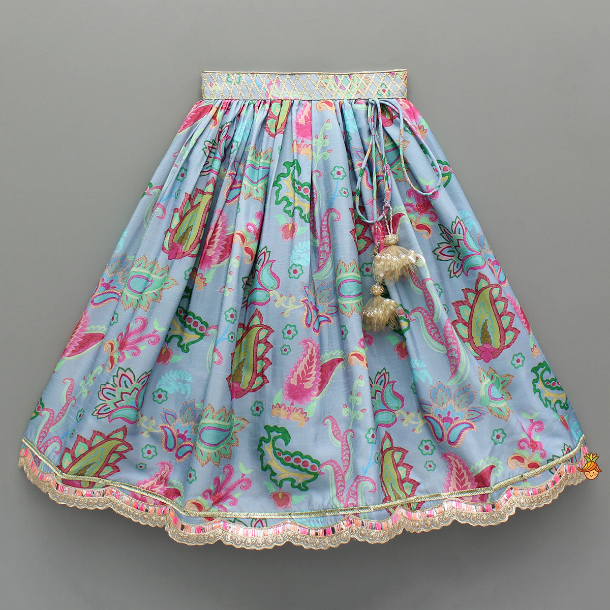 Pre Order: Zardozi Embroidered Pleated Hem Blue Top And Lehenga With Checks Hair Band