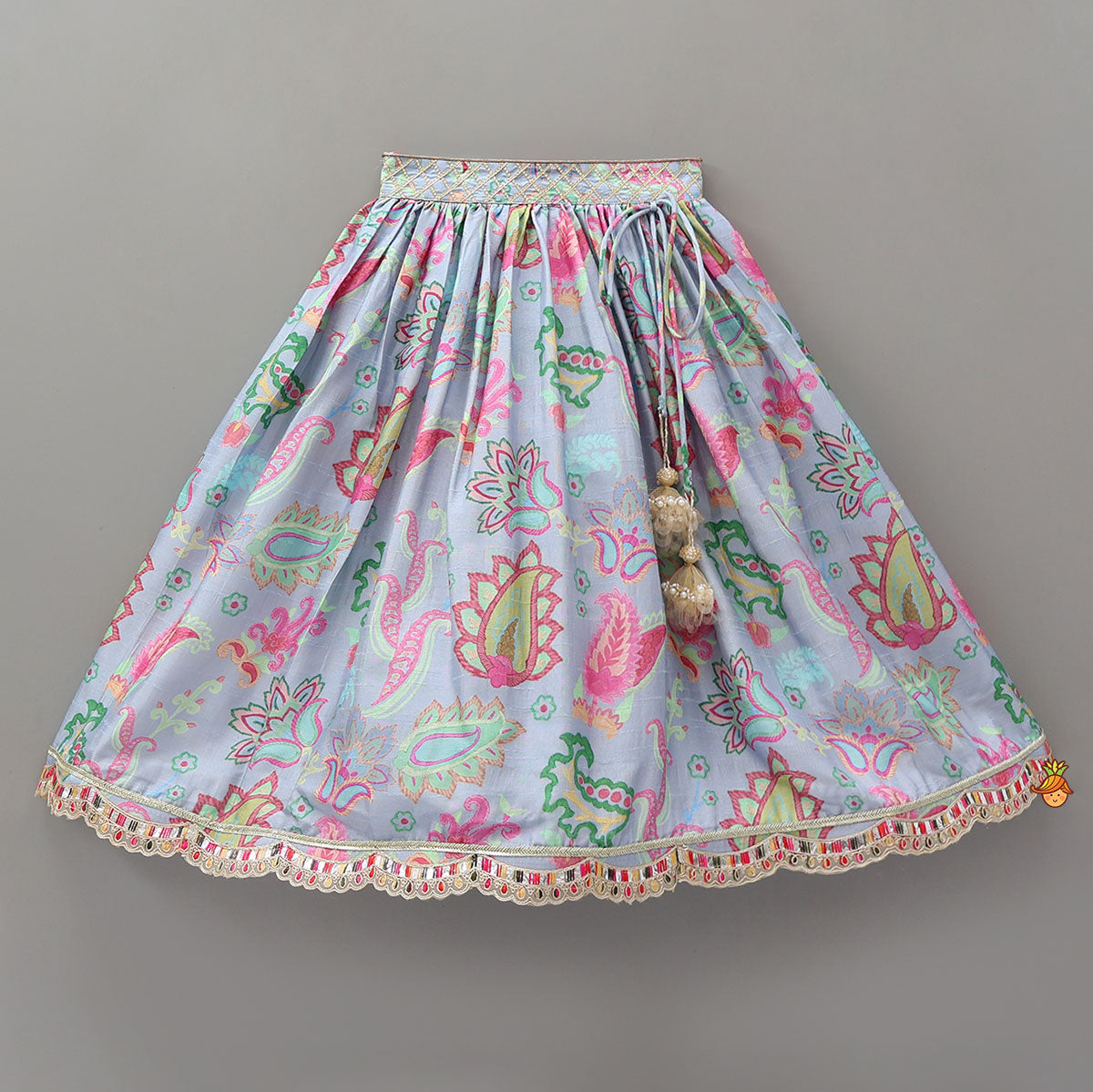 Pre Order: Zardozi Embroidered Pleated Hem Blue Top And Lehenga With Checks Hair Band