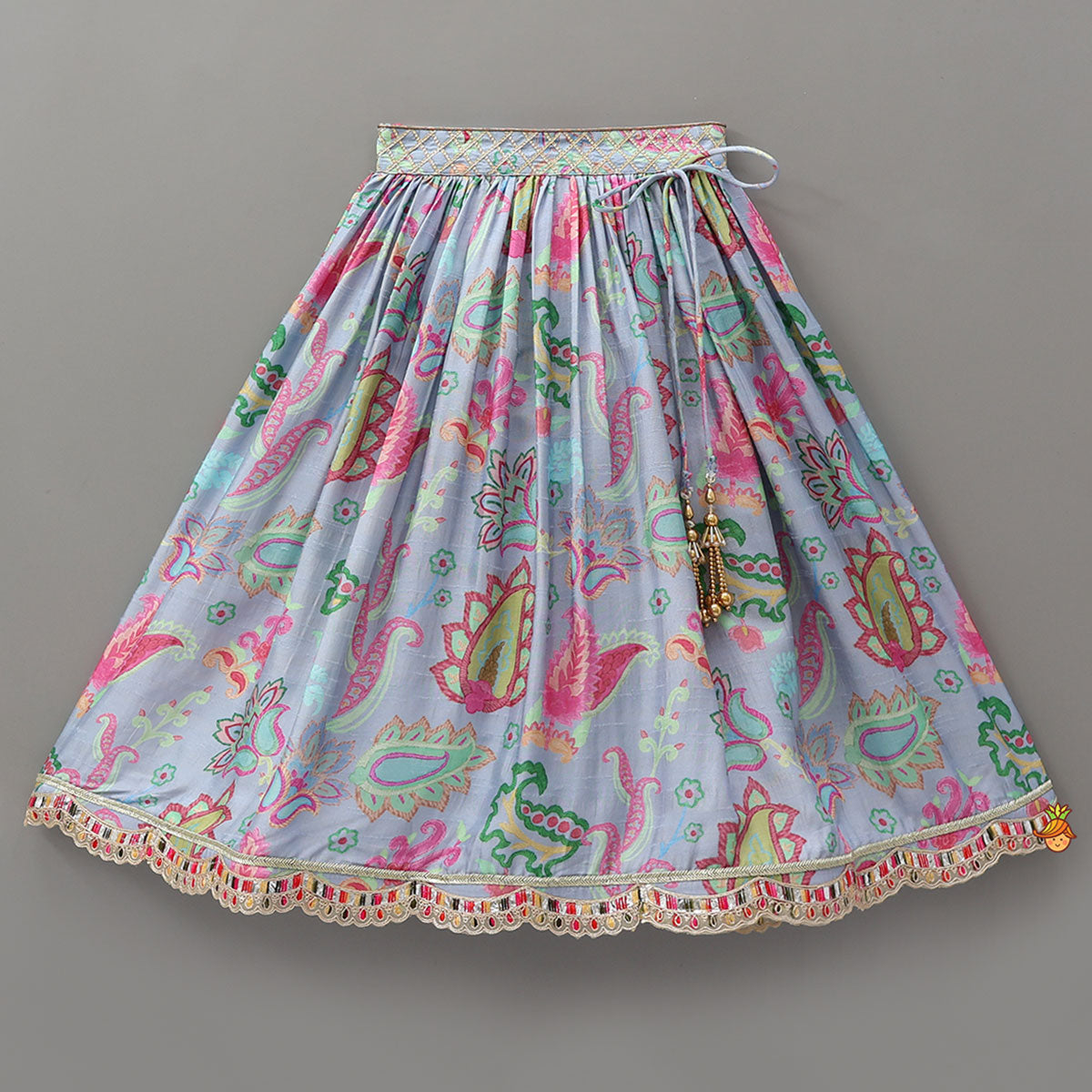 Pre Order: Zardozi Embroidered Pleated Hem Blue Top And Lehenga With Checks Hair Band