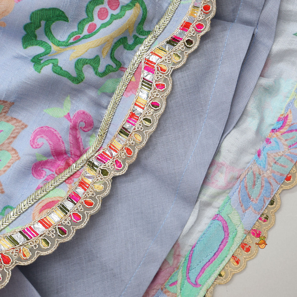 Pre Order: Zardozi Embroidered Pleated Hem Blue Top And Lehenga With Checks Hair Band