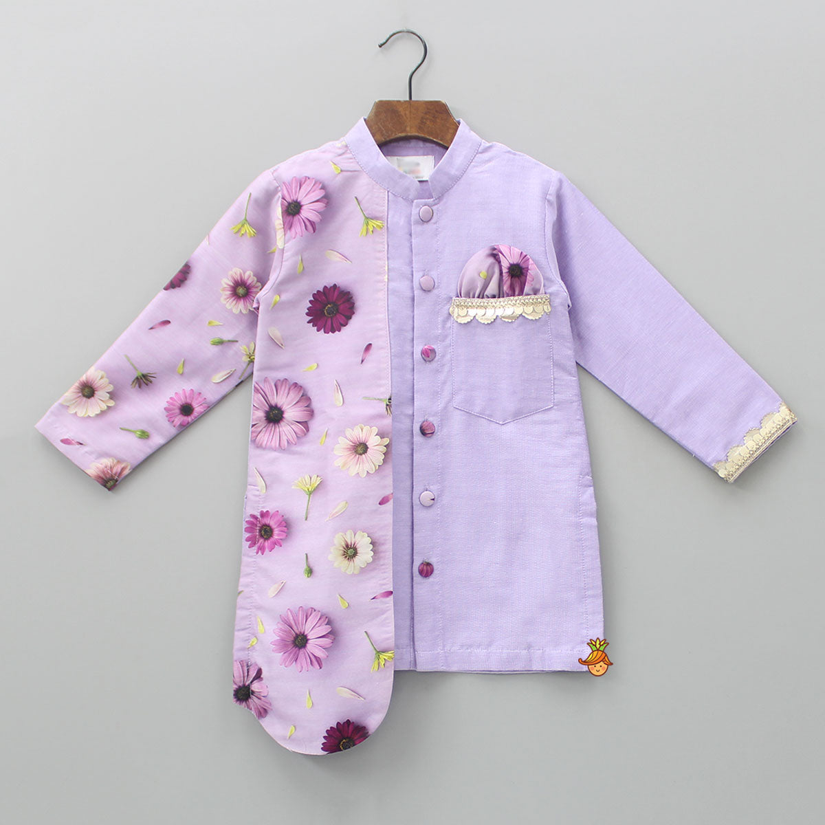 Pre Order: Attached Floral Flap Lavender Asymmetric Kurta And Off White Pyjama