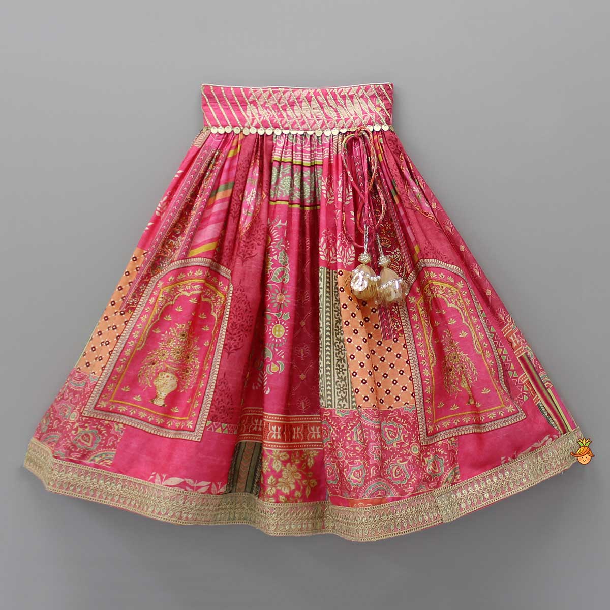 Pre Order: Stunning Pink Raw Silk Scalloped Top And Pearly Tassels Enhanced Lehenga