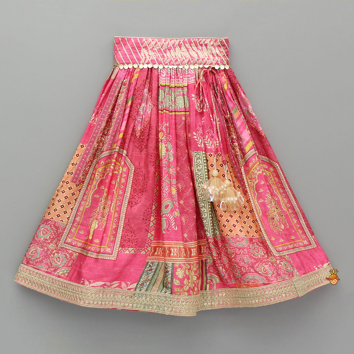 Pre Order: Stunning Pink Raw Silk Scalloped Top And Pearly Tassels Enhanced Lehenga