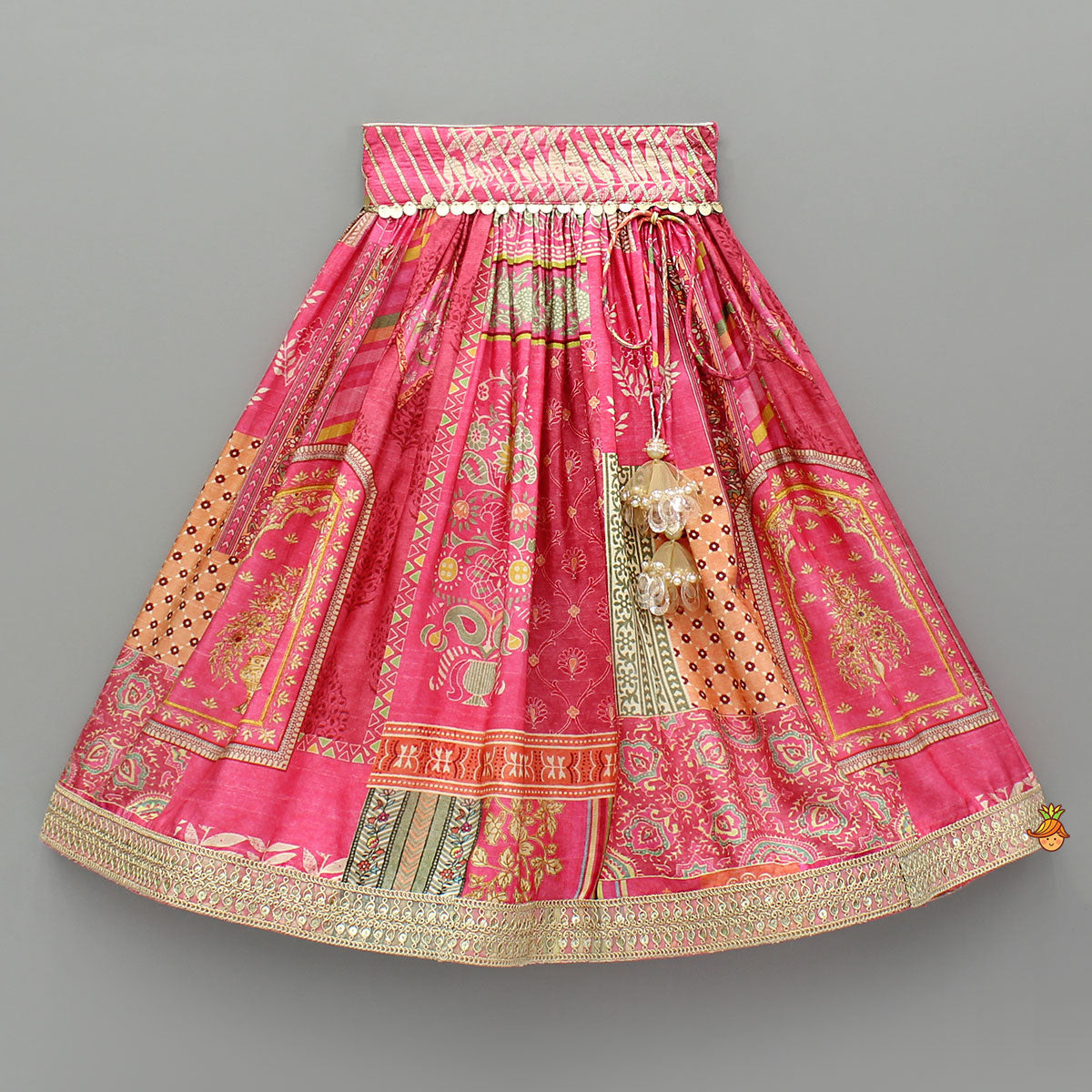 Pre Order: Stunning Pink Raw Silk Scalloped Top And Pearly Tassels Enhanced Lehenga