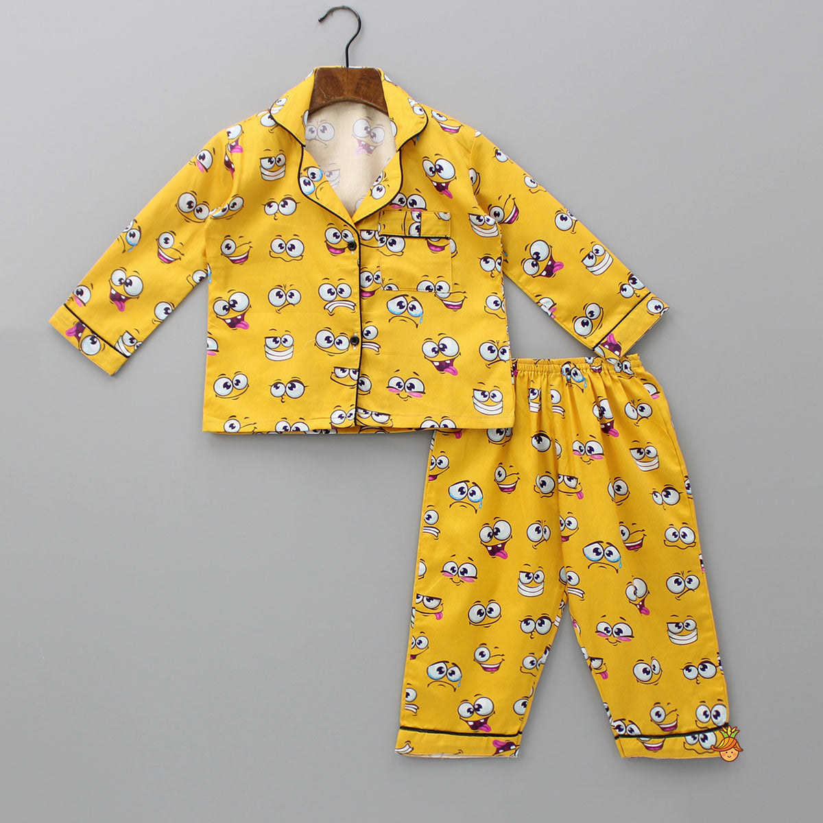 Pre Order: Facial Expressions Printed Pure Cotton Mustard Yellow Sleepwear