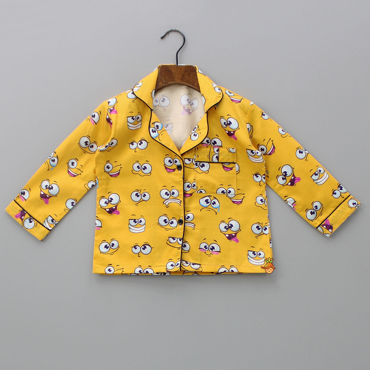 Pre Order: Facial Expressions Printed Pure Cotton Mustard Yellow Sleepwear