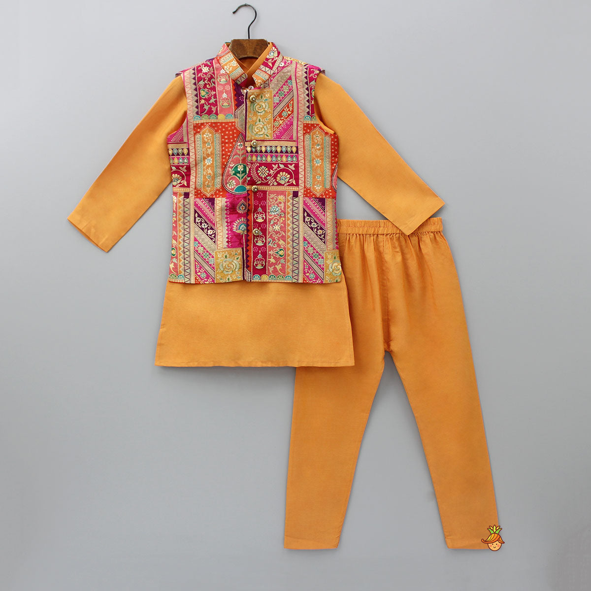 Pre Order: Front Placket Orange Kurta With Cotton Silk Multicolour Brocade Jacket And Pyjama