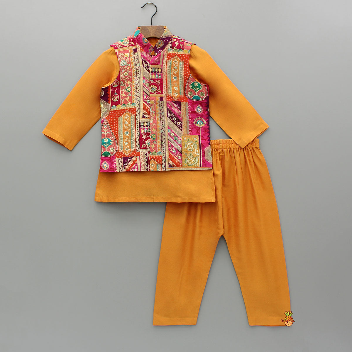 Pre Order: Front Placket Orange Kurta With Cotton Silk Multicolour Brocade Jacket And Pyjama