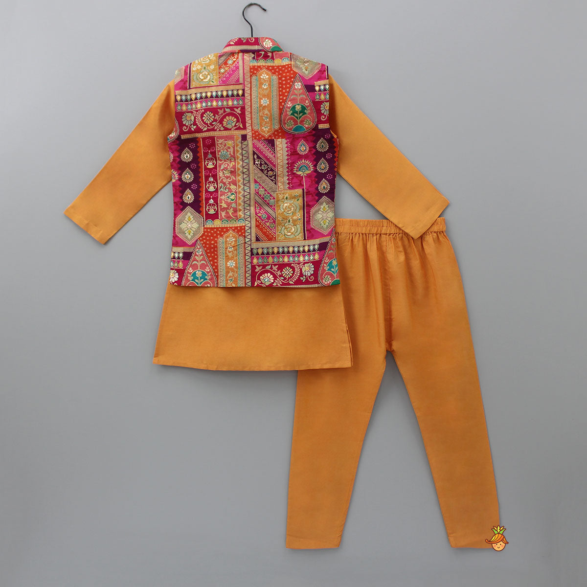 Pre Order: Front Placket Orange Kurta With Cotton Silk Multicolour Brocade Jacket And Pyjama