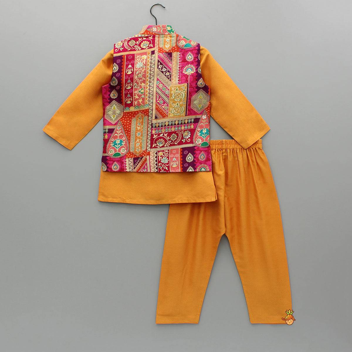 Pre Order: Front Placket Orange Kurta With Cotton Silk Multicolour Brocade Jacket And Pyjama