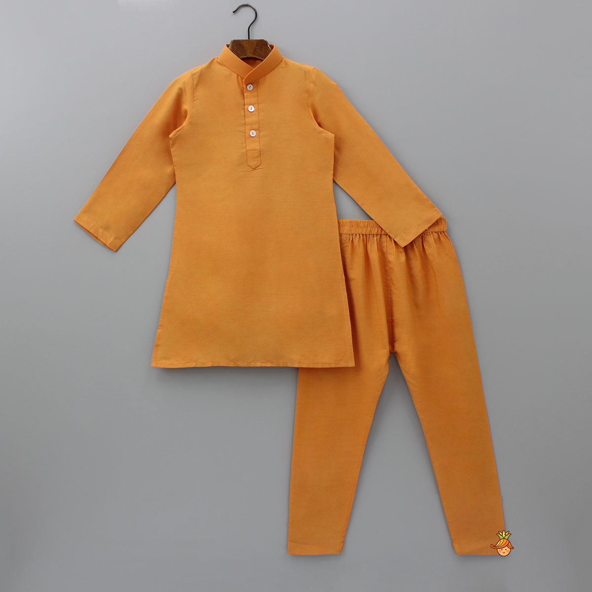 Pre Order: Front Placket Orange Kurta With Cotton Silk Multicolour Brocade Jacket And Pyjama