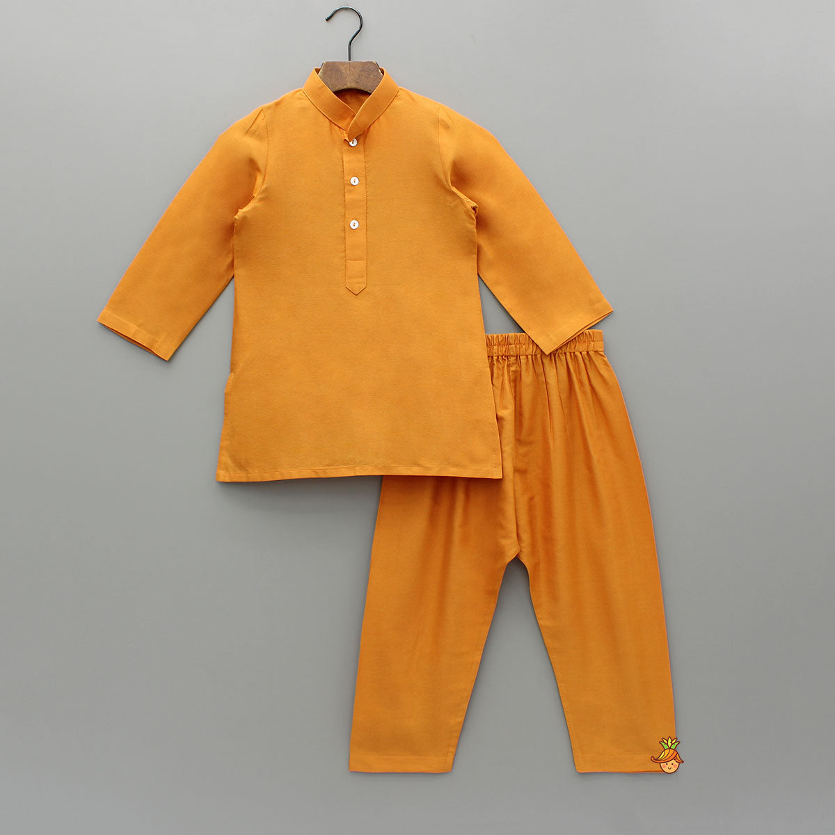 Pre Order: Front Placket Orange Kurta With Cotton Silk Multicolour Brocade Jacket And Pyjama