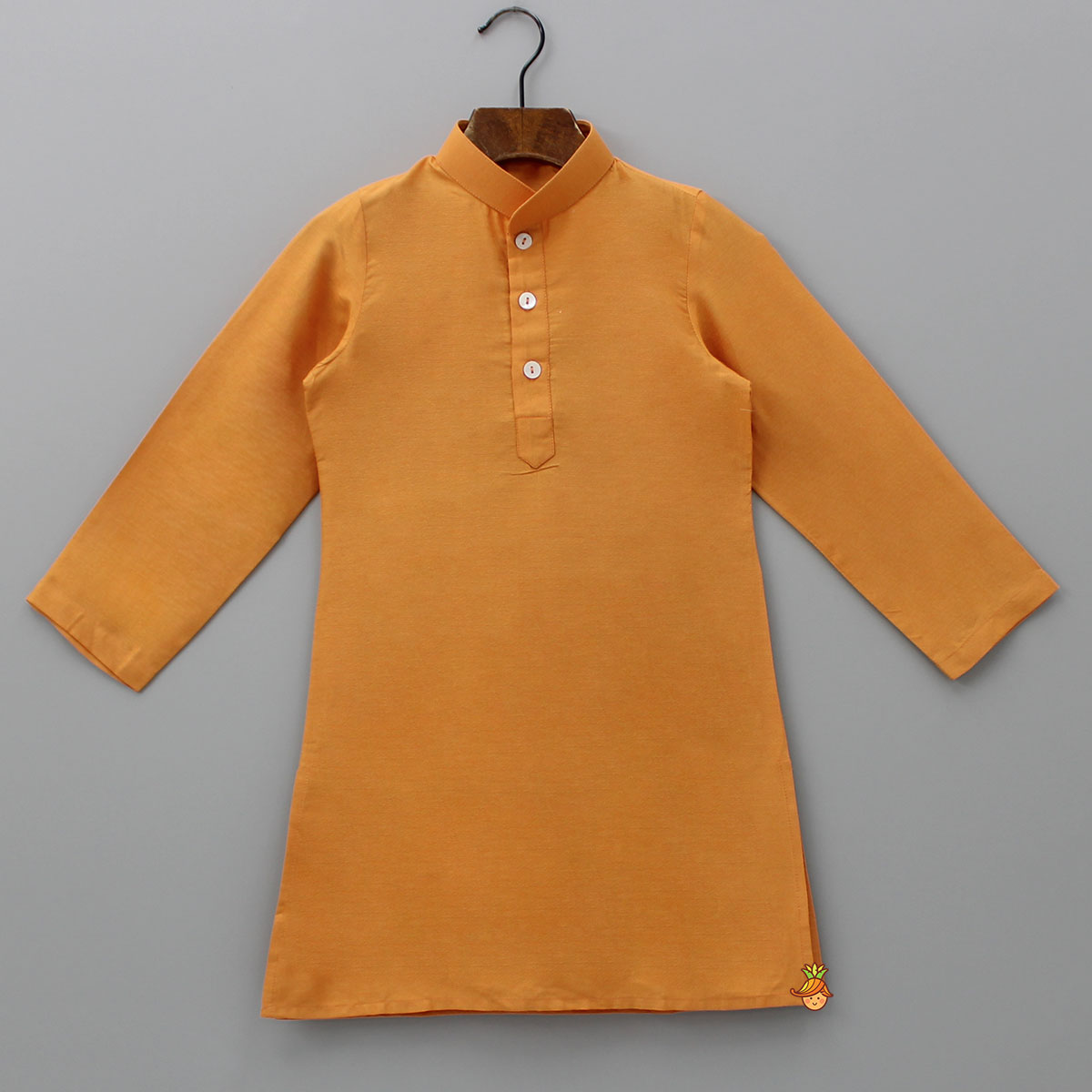 Pre Order: Front Placket Orange Kurta With Cotton Silk Multicolour Brocade Jacket And Pyjama