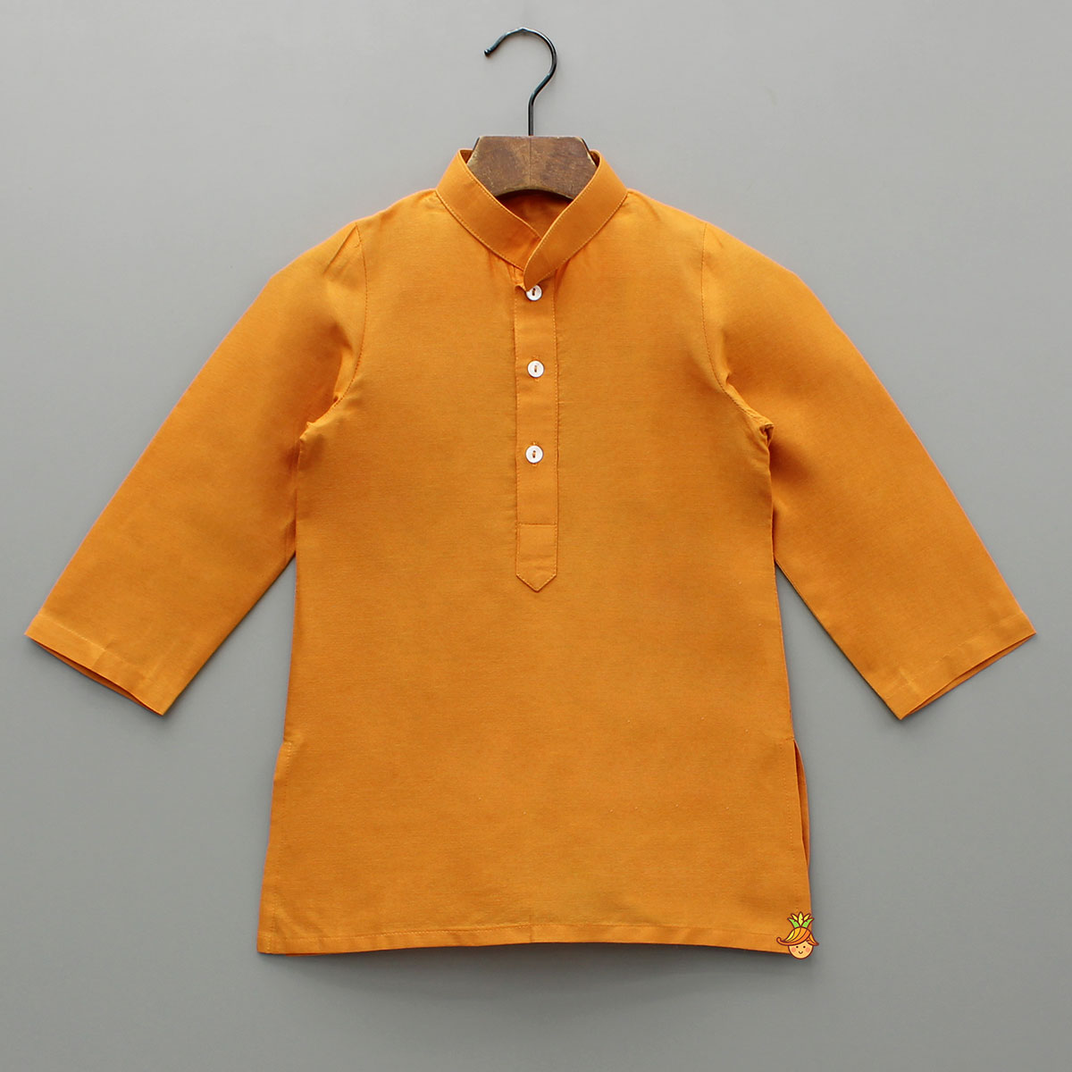 Pre Order: Front Placket Orange Kurta With Cotton Silk Multicolour Brocade Jacket And Pyjama