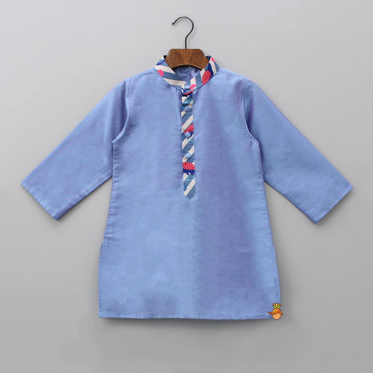 Pre Order: Blue Kurta With Peacock Printed Front Open Jacket And Pyjama