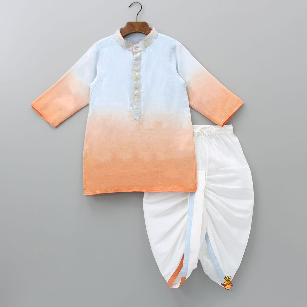 Pre Order: Orange And Blue Ombre Kurta With Dhoti