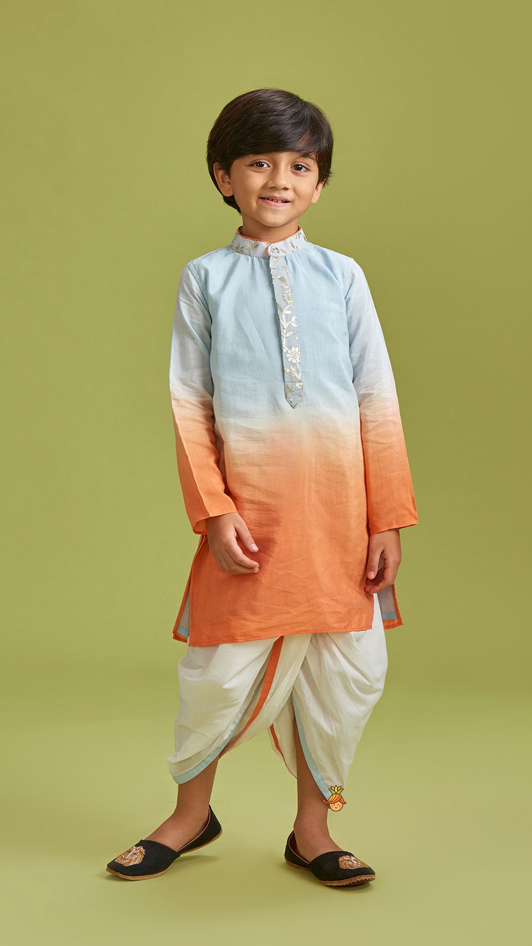 Pre Order: Orange And Blue Ombre Kurta With Dhoti