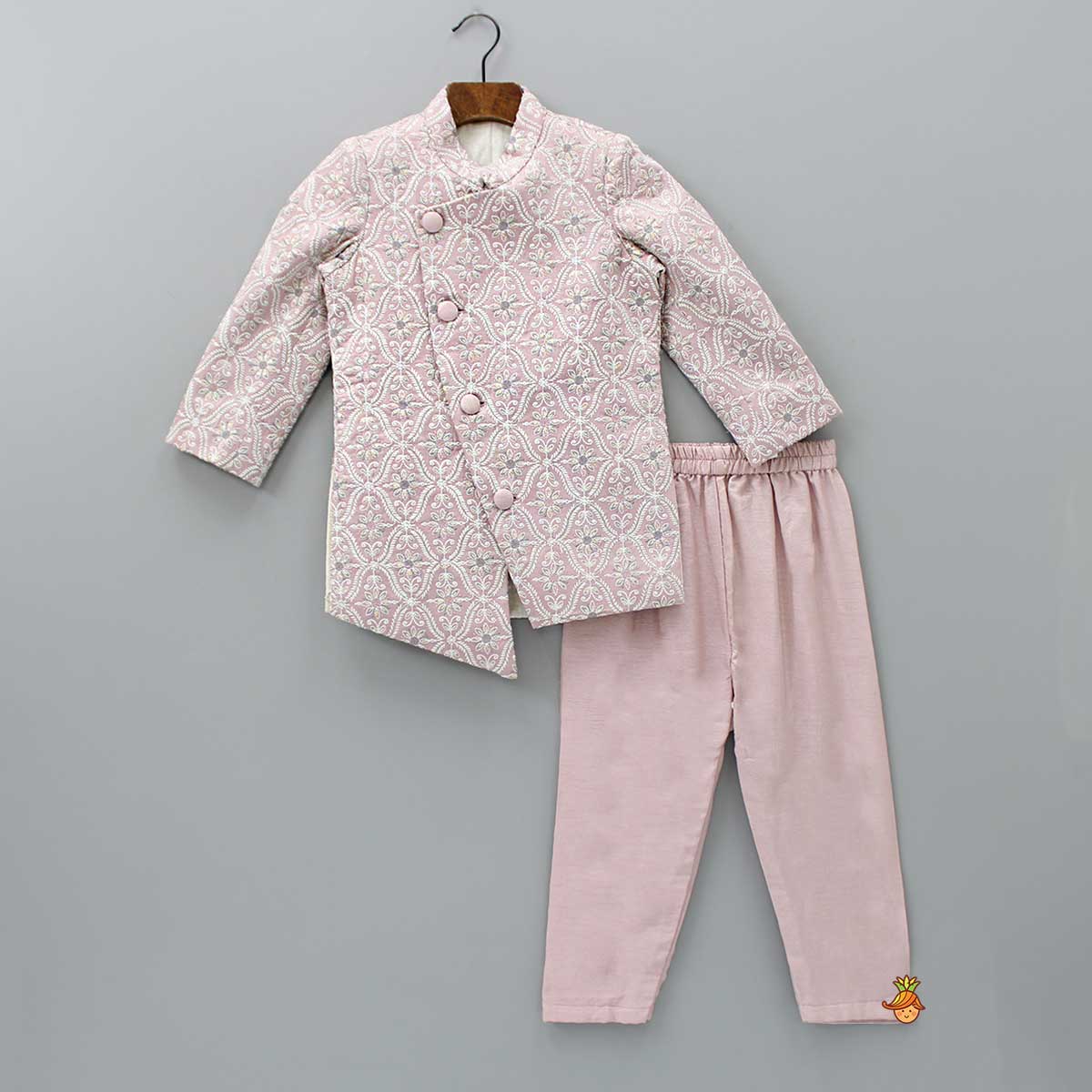 Pre Order: Elegant Front Open Embroidered Asymmetric Pink Sherwani And Pyjama