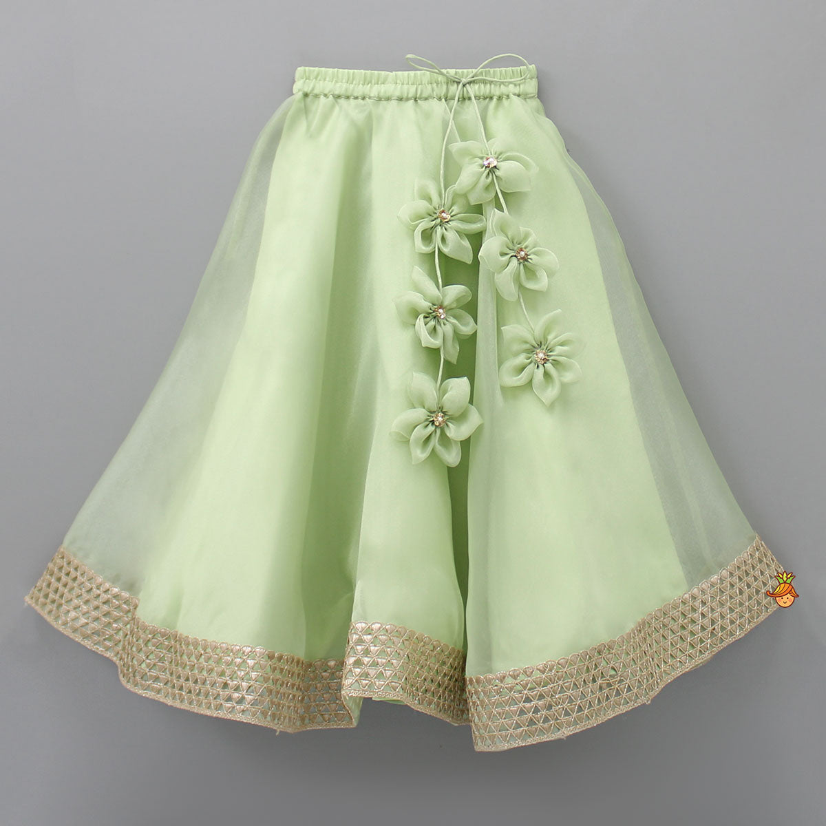 Pre Order: Floral Embroidered Green Sleeveless Top And Fabric Flower Tassels Adorned Lehenga With Ruffle Dupatta