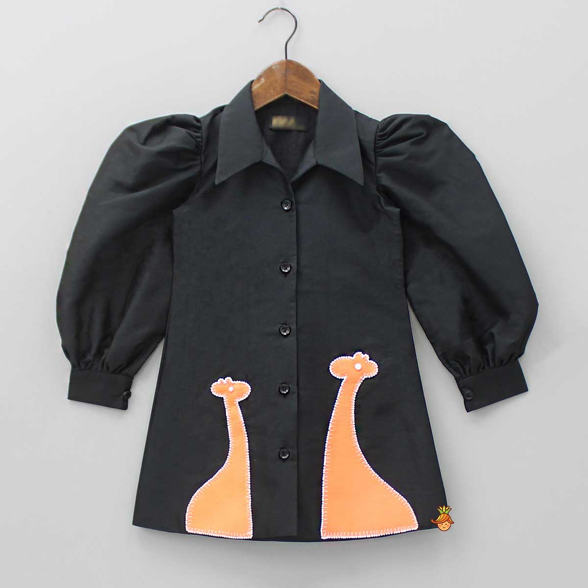 Pre Order: Giraffe Embroidered Black Collared Neck Dress