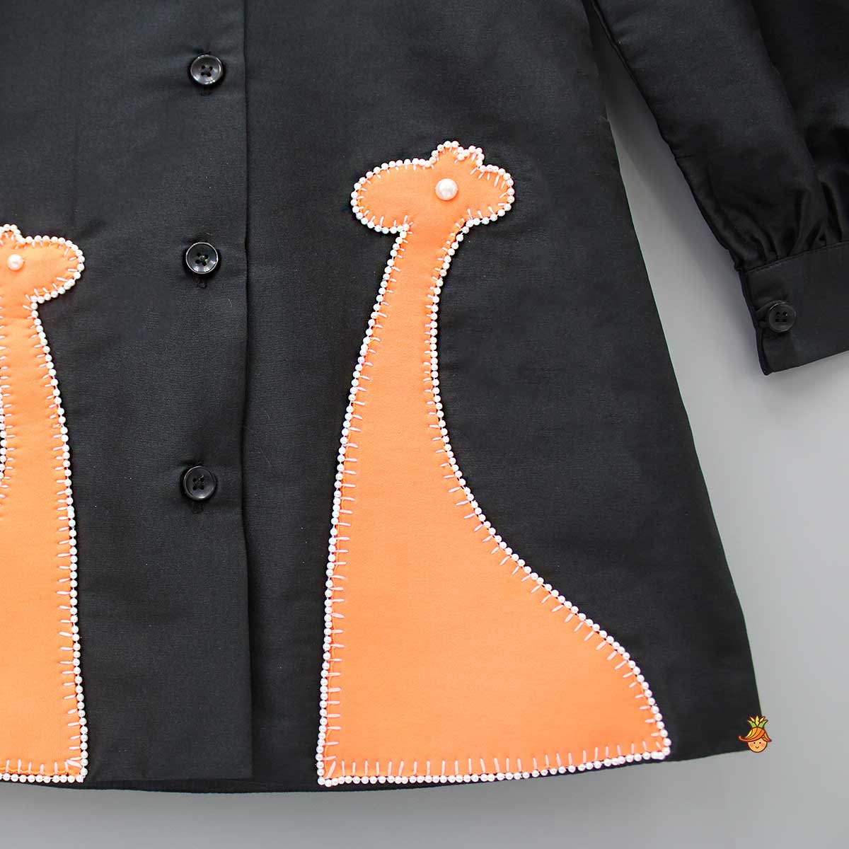 Pre Order: Giraffe Embroidered Black Collared Neck Dress