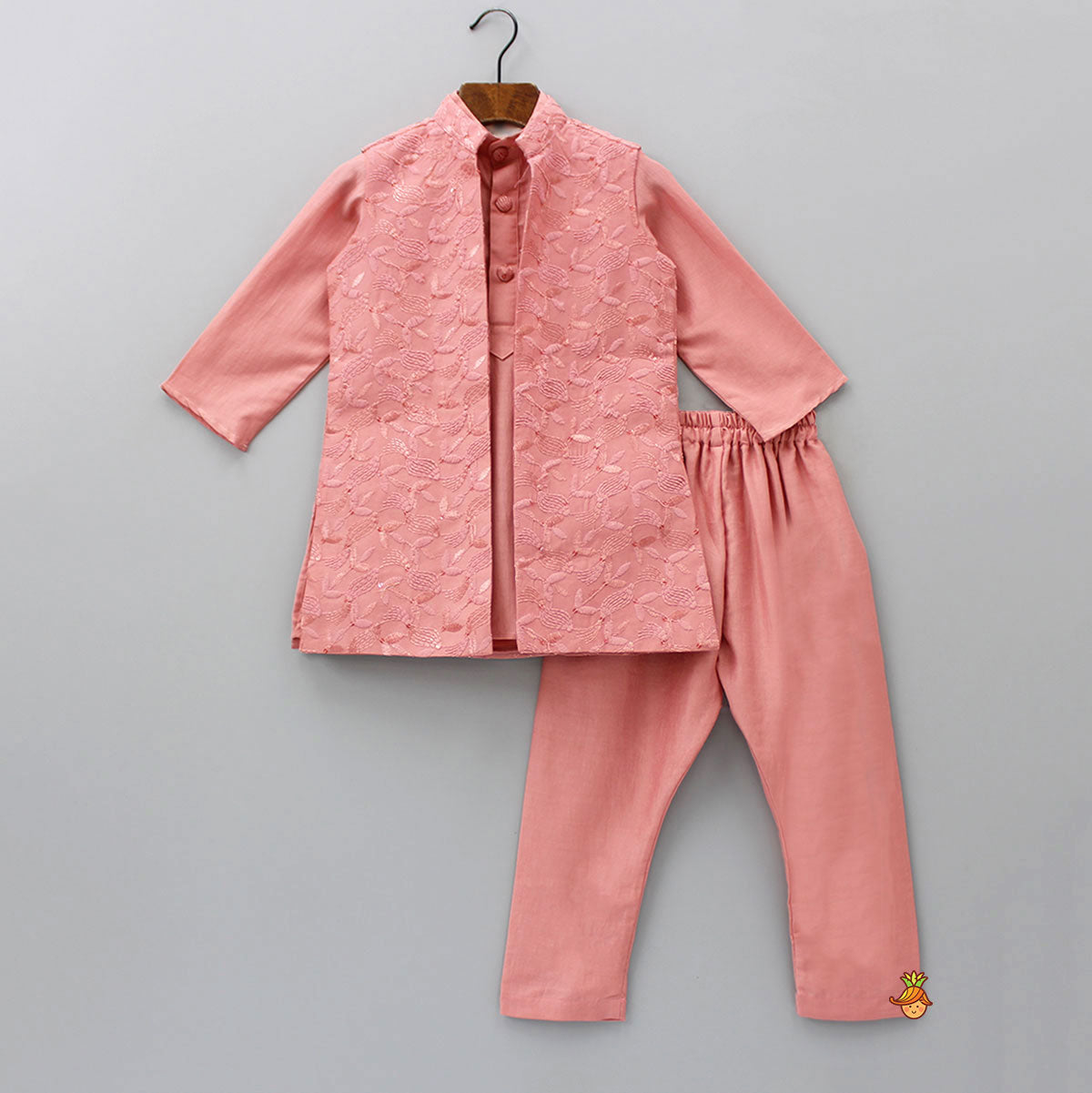 Mandarin Collar Peach Kurta With Leaves Embroidered Jacket And Pyjama