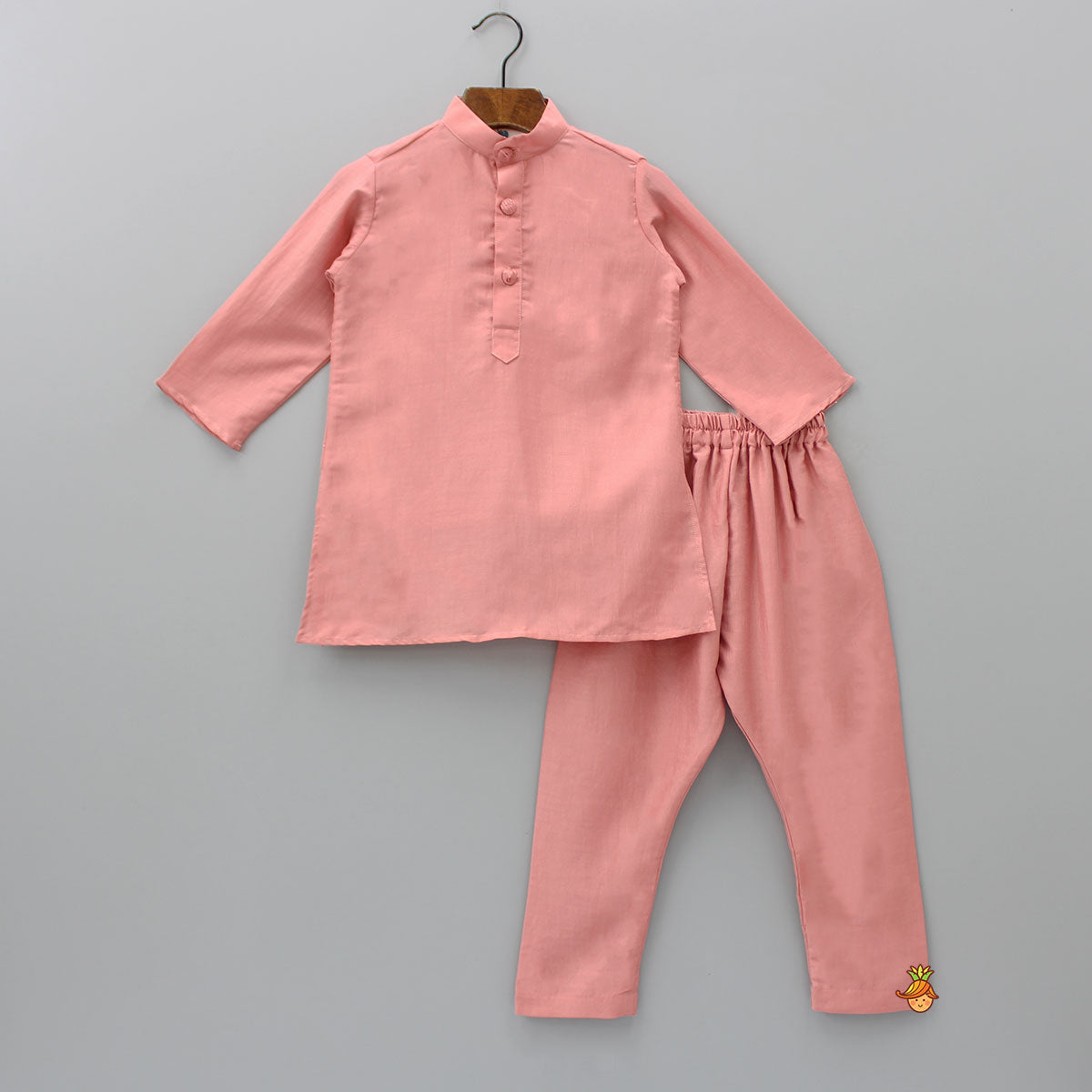 Mandarin Collar Peach Kurta With Leaves Embroidered Jacket And Pyjama