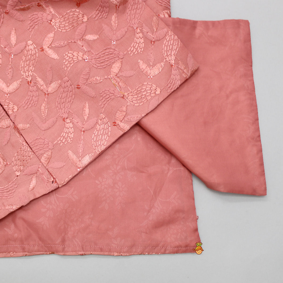 Mandarin Collar Peach Kurta With Leaves Embroidered Jacket And Pyjama