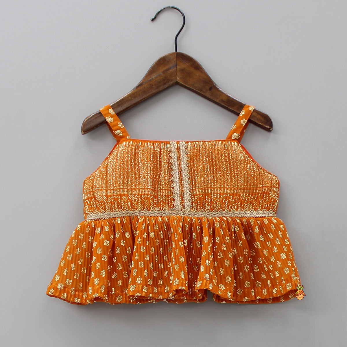 Pre Order: Rust Orange Pleated Georgette Top And Lehenga With Hair Clip